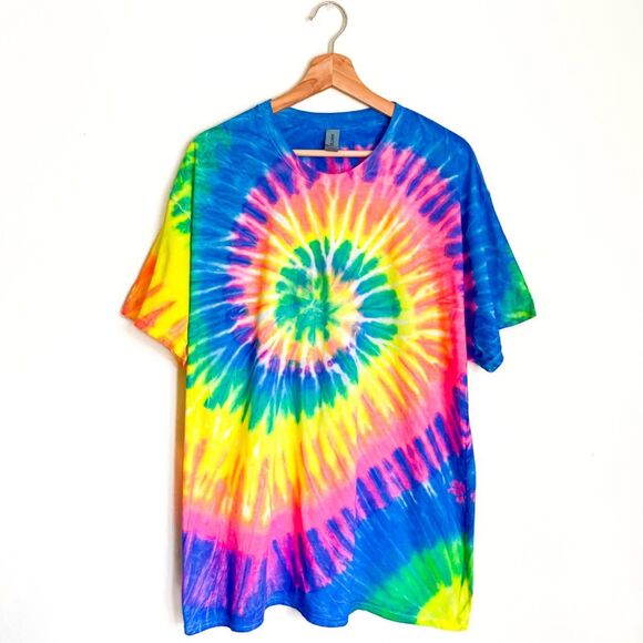 New Gildan Rainbow Tie-Dye Short Sleeve T-Shirt Crewneck Size X-Large Top - Picture 2 of 8